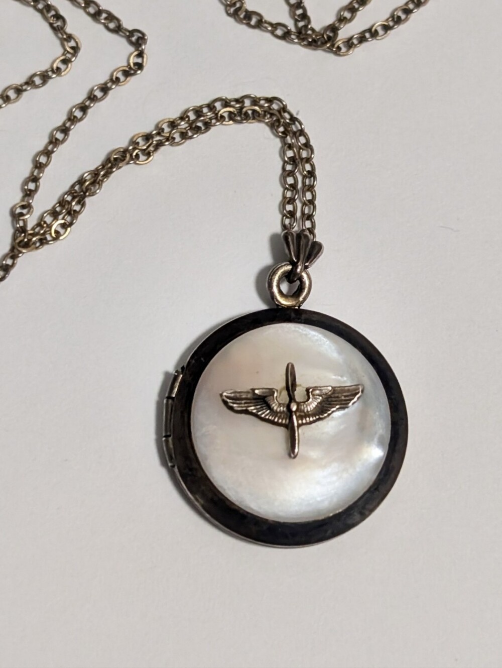 WWII Military Sweetheart Locket Necklace US Air Force Corps Aviation 12K GF MOP